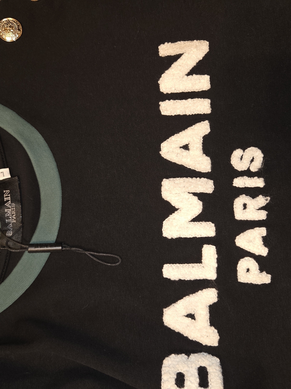 Balmain Black Crewneck T-Shirt with Green Trim and Silver Buttons - Picture 5 of 5